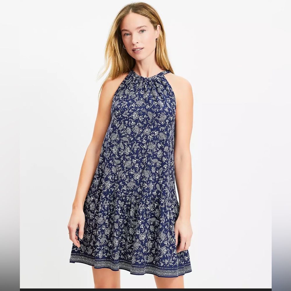LOFT NWT Navy and white bandana flounce mini halter dress